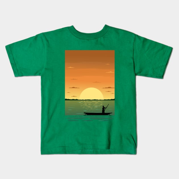 Sunset and the fisher in minimalist artwork Kids T-Shirt by Zakaria Azis